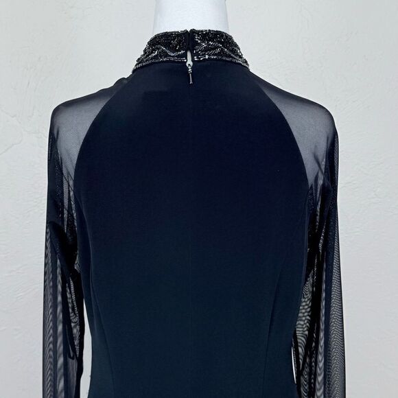 Vintage Black Tie Oleg Cassini Dress w/ Sheer Long Sleeves Beaded Detail Maxi - Picture 10 of 16
